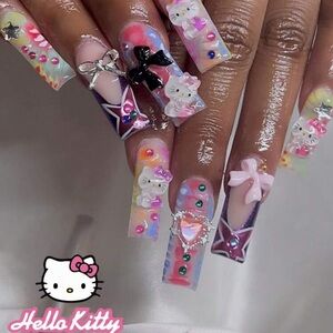 24PCS Long Coffin Nail Patch Multi-Color Rendering Cute Stereo Nails 3D Bow Star